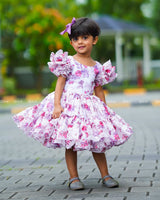 White Floral Printed Organza Short Dress.