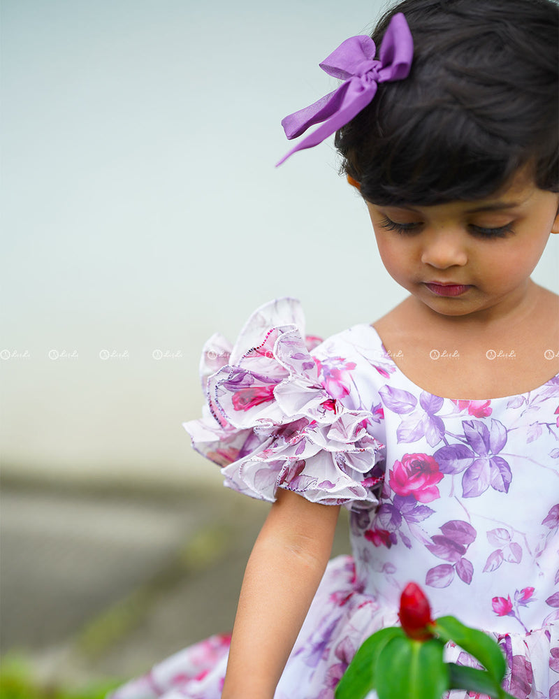 White Floral Printed Organza Short Dress.