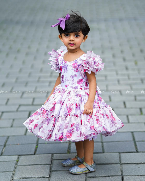 White Floral Printed Organza Short Dress.