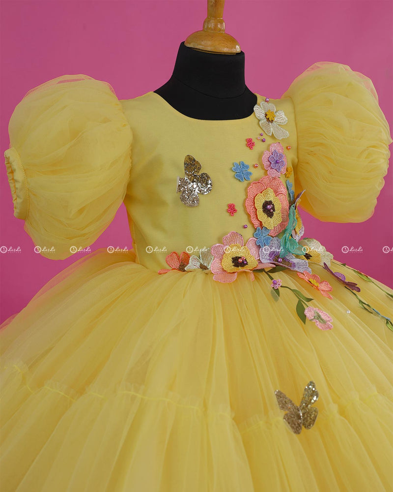 Marigold Yellow Fairy Tale Dress with Wild Flowers.