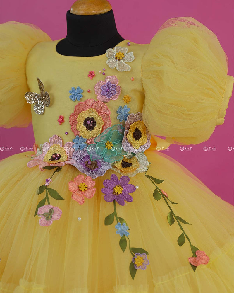 Marigold Yellow Fairy Tale Dress with Wild Flowers.