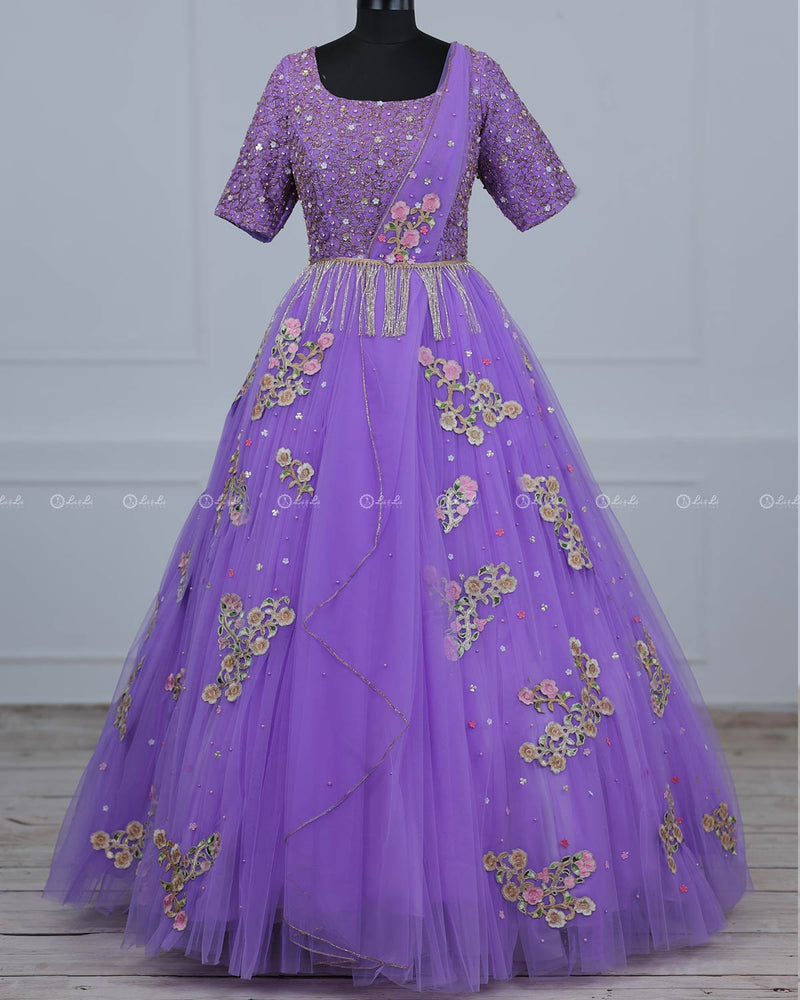 Alia Inspired Full Gown in Lavender Shade with Intricate Handworks.