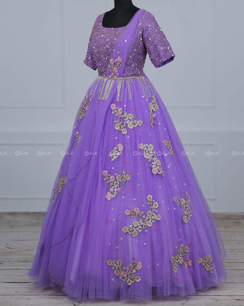 Alia Inspired Full Gown in Lavender Shade with Intricate Handworks.