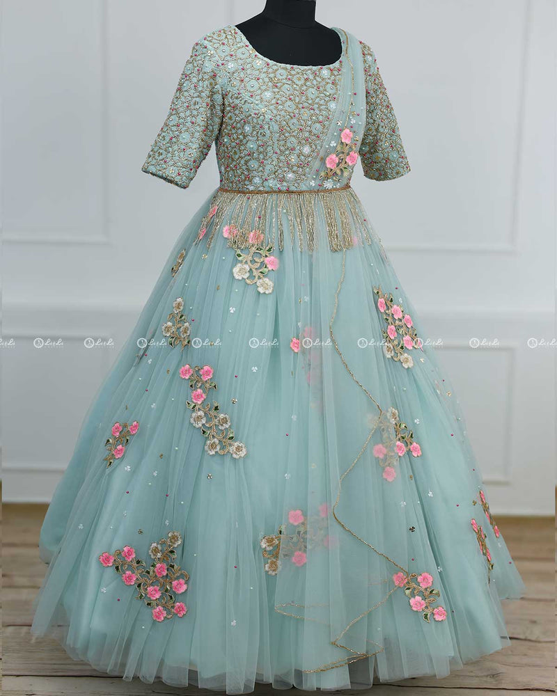 Alia Inspired Full Gown in Pastel Powder Blue Shade with Intricate Handworks