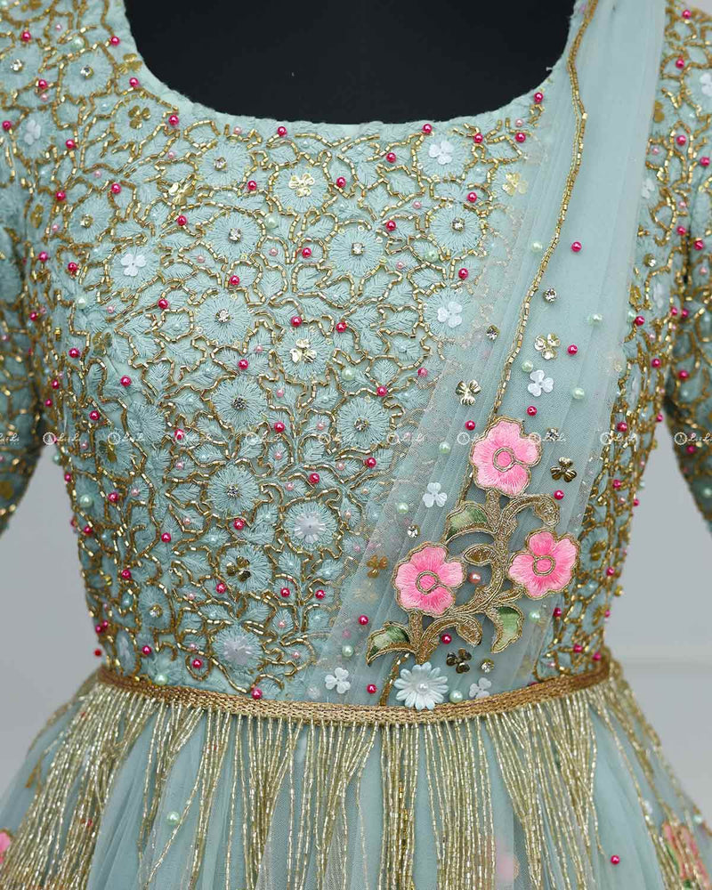 Alia Inspired Full Gown in Pastel Powder Blue Shade with Intricate Handworks