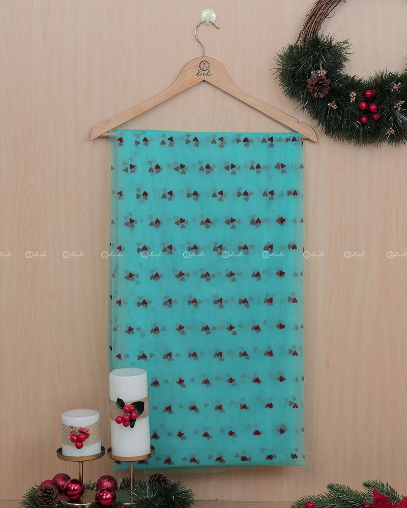 Blue Net Fabric with Red Hearts Pattern