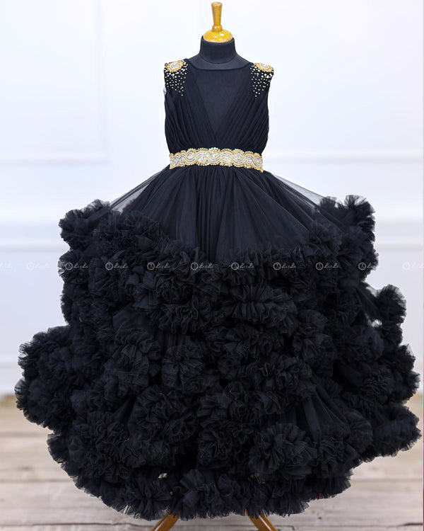 Classic Black Cloudy Frilled Gown with Handcrafted Beaded Waistline