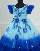 Royal Blue and Sky Blue Double Shaded Gown with Handicrafted Flowers and Leaves