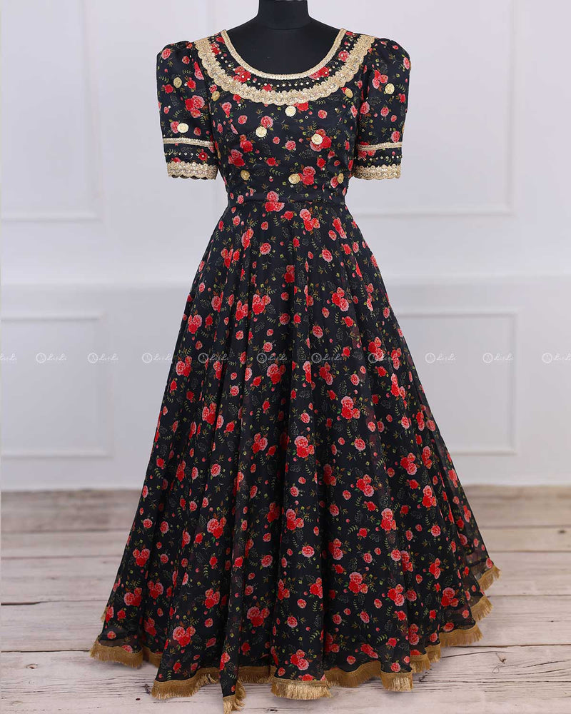 Black Floral Printed Ethnic Skirt and Top with Dupatta.