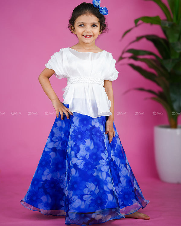 Blue and White Ethnic Top and Skirt with Embellished Belt