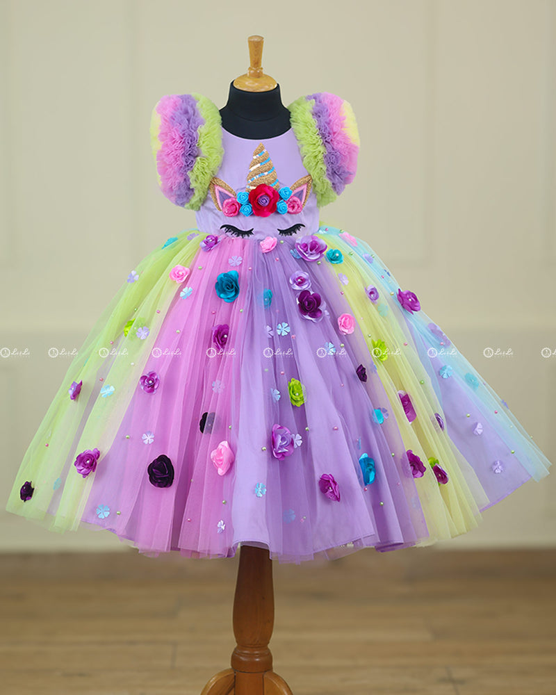 Unicorn Multi Shade Combo Frock with Highlighted Handwork on the Yoke Along with Flowers and beads embellishments