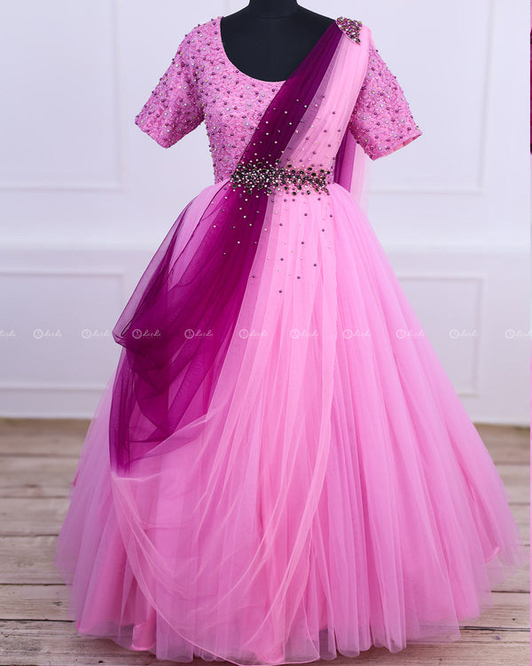 Purple and Pink Gown with Draped Duppatta