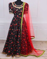 Black Floral Printed Ethnic Skirt and Top with Dupatta.