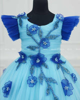 Royal Blue and Sky Blue Double Shaded Gown with Handicrafted Flowers and Leaves