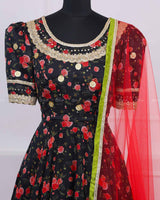 Black Floral Printed Ethnic Skirt and Top with Dupatta.