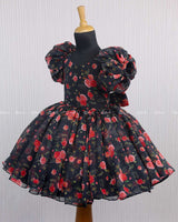 Black and Red Printed Organza Short Dress.