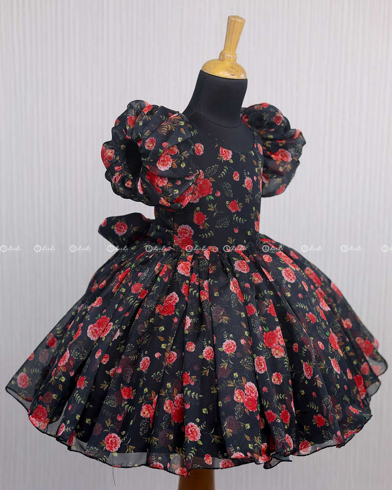 Black and Red Printed Organza Short Dress.