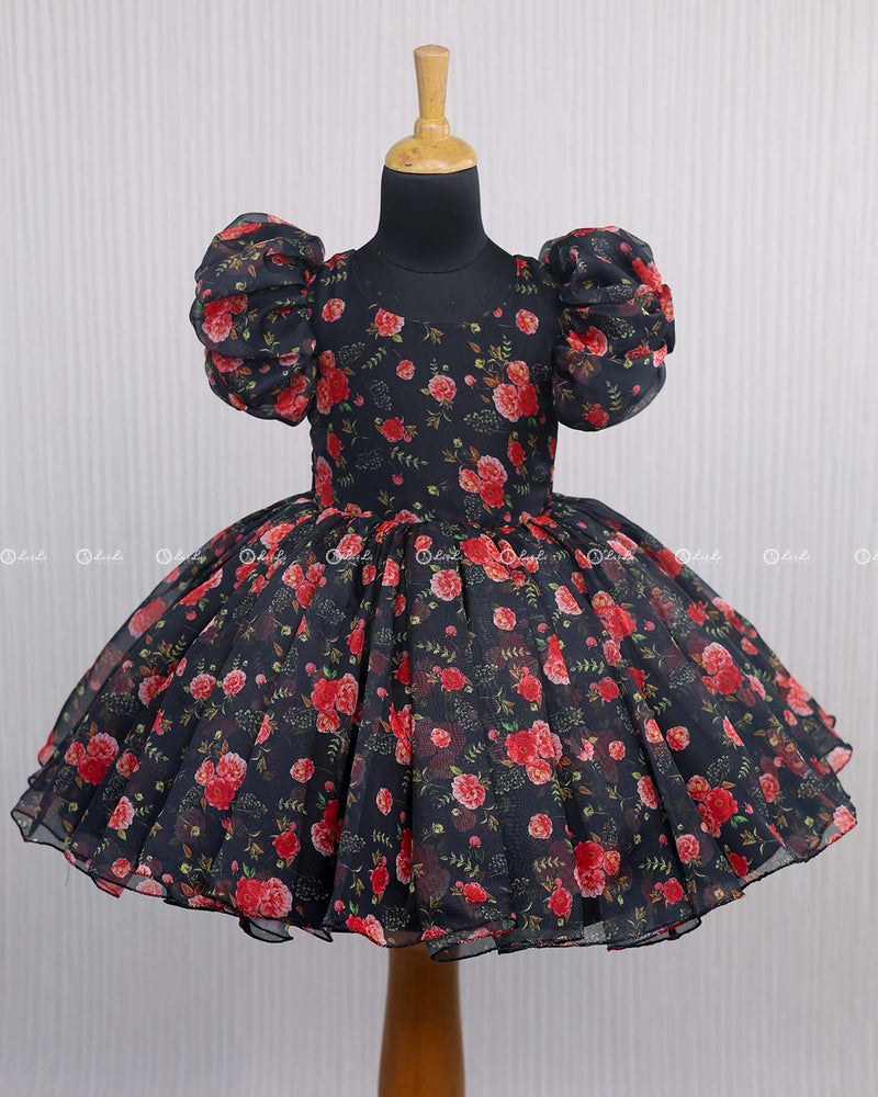 Black and Red Printed Organza Short Dress.