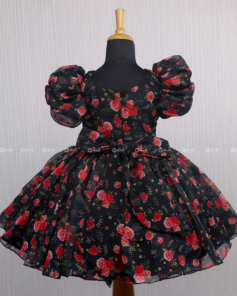 Black and Red Printed Organza Short Dress.