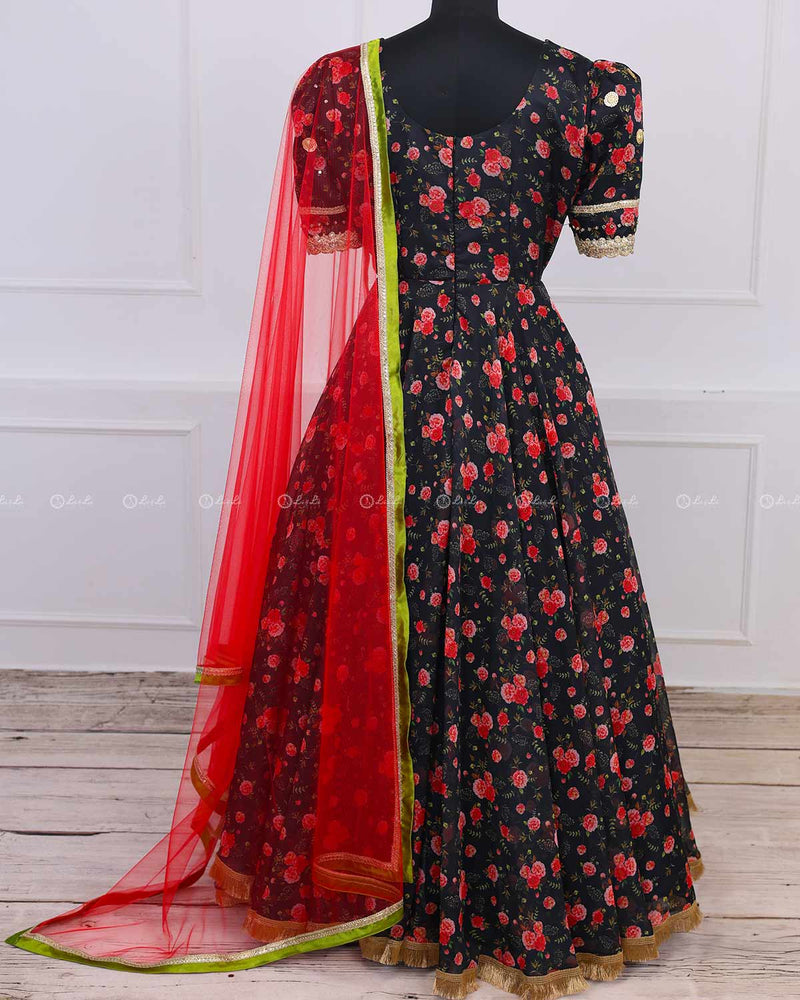 Black Floral Printed Ethnic Skirt and Top with Dupatta.