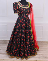 Black Floral Printed Ethnic Skirt and Top with Dupatta.