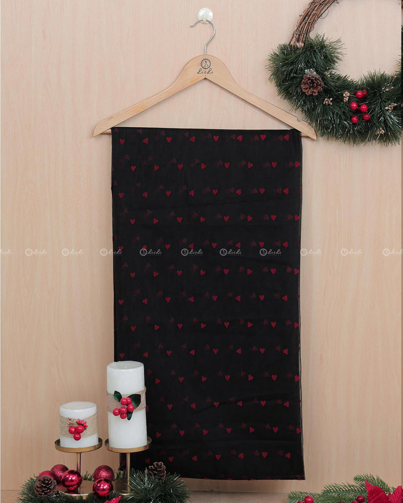 Black Net Fabric with Red Hearts Pattern