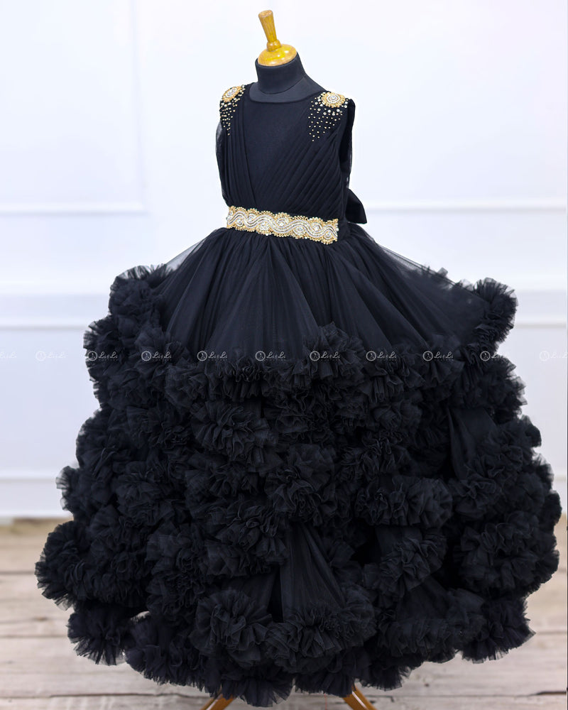 Classic Black Cloudy Frilled Gown with Handcrafted Beaded Waistline