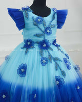 Royal Blue and Sky Blue Double Shaded Gown with Handicrafted Flowers and Leaves