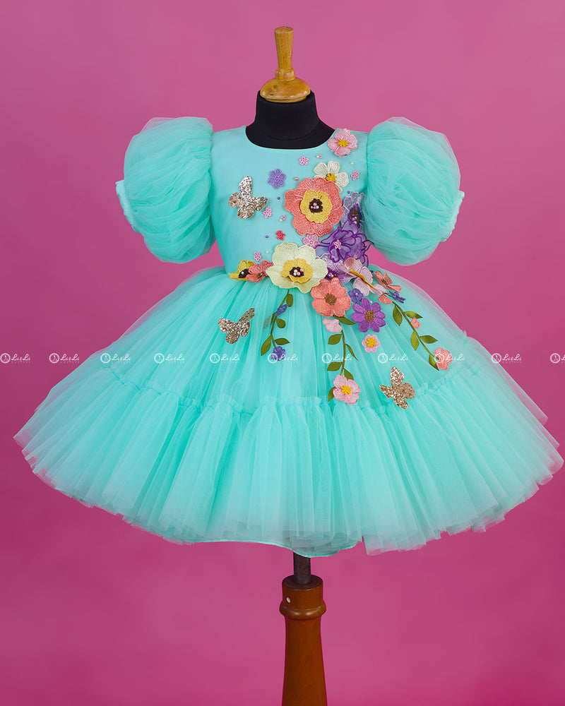 Light Teal Fairy Tale Dress with Wild Flowers.