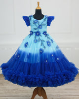 Royal Blue and Sky Blue Double Shaded Gown with Handicrafted Flowers and Leaves