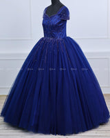 Navy Blue Sparkly Beaded Wedding Ball Gown