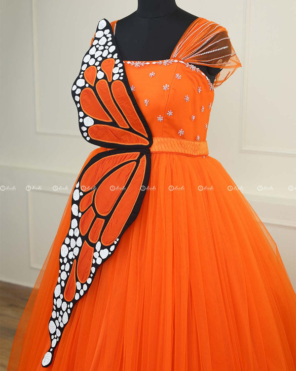 Monarch Butterfly Theme Gown in Tangerine Orange Color with Detachable Wings and Belt