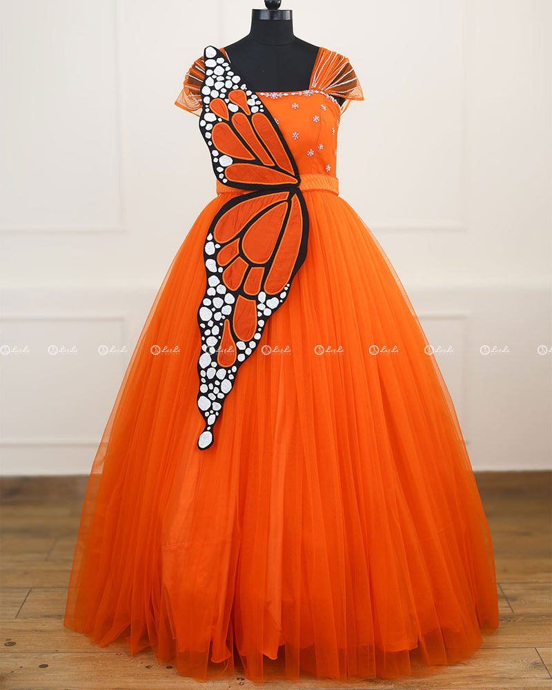 Monarch Butterfly Theme Gown in Tangerine Orange Color with Detachable