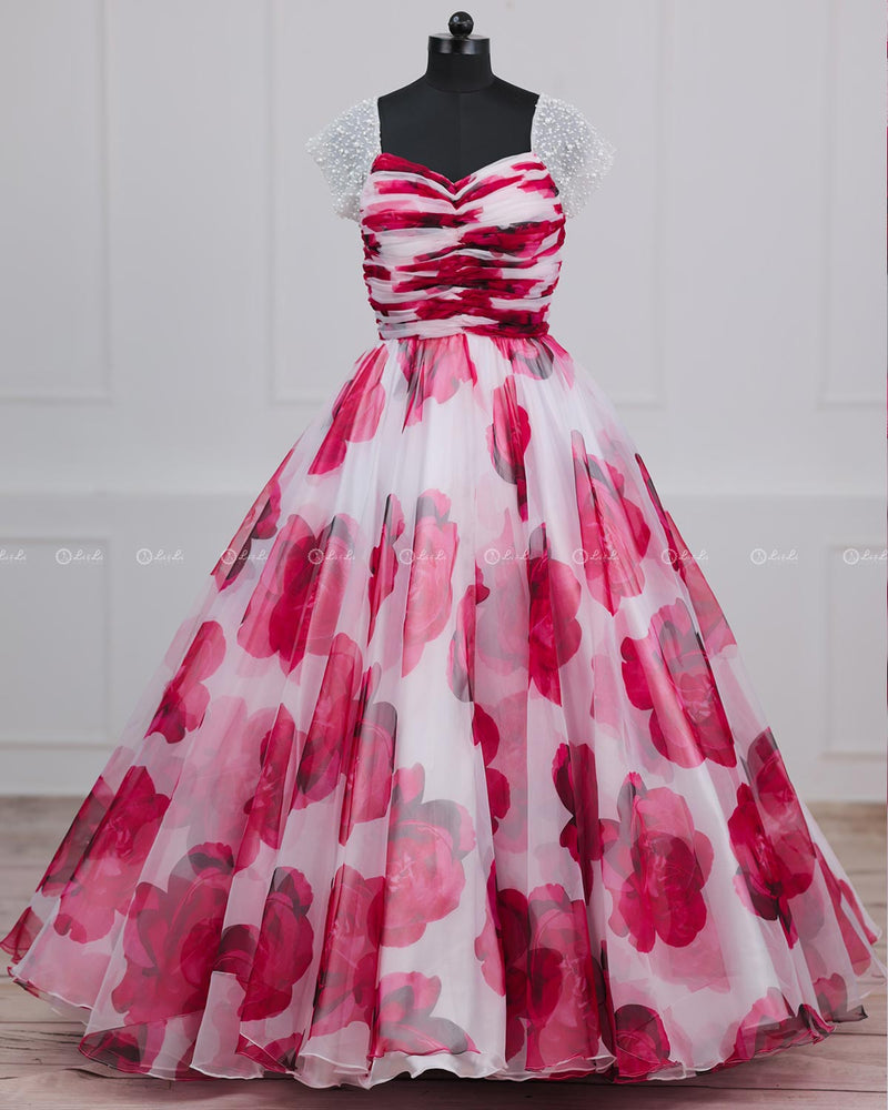 White & Red Floral Printed Organza Gown