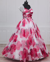 White & Red Floral Printed Organza Gown