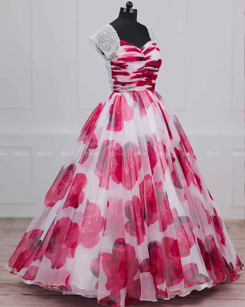 White & Red Floral Printed Organza Gown