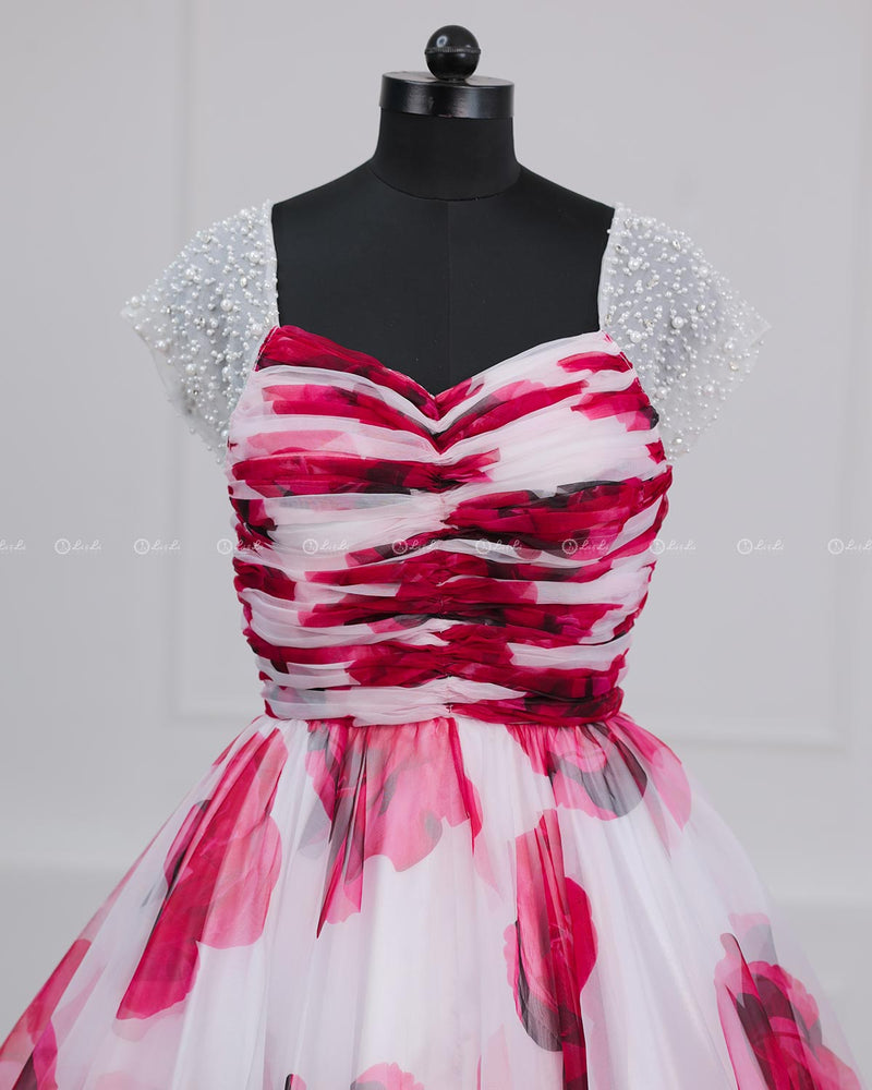 White & Red Floral Printed Organza Gown