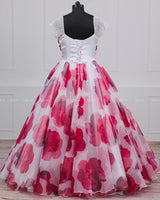 White & Red Floral Printed Organza Gown