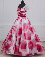 White & Red Floral Printed Organza Gown