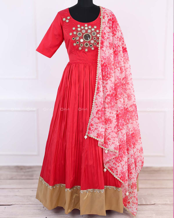 Deep Coral Pink Mirror Work Skirt and Top With Floral Printed Dupatta