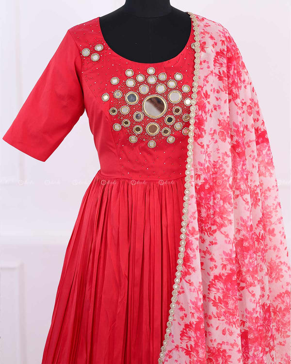 Deep Coral Pink Mirror Work Skirt and Top With Floral Printed Dupatta