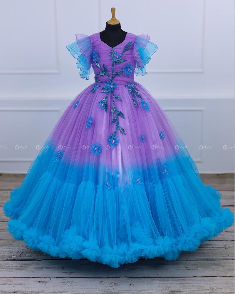 Sky Blue & Lavender Color Gradient Heavy Frill Gown with Handcrafted Embellishments & Layered Sleeves