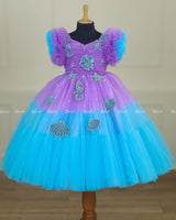 Aquamarine - Lavender and Pale Turquoise Double Shaded Party Gown with Heavy Bead Patches of Underwater Theme