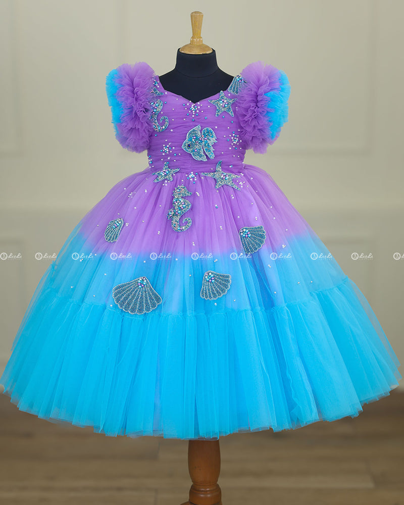 Aquamarine - Lavender and Pale Turquoise Double Shaded Party Gown with Heavy Bead Patches of Underwater Theme