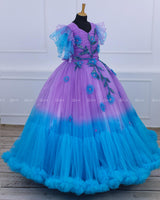 Sky Blue & Lavender Color Gradient Heavy Frill Gown with Handcrafted Embellishments & Layered Sleeves