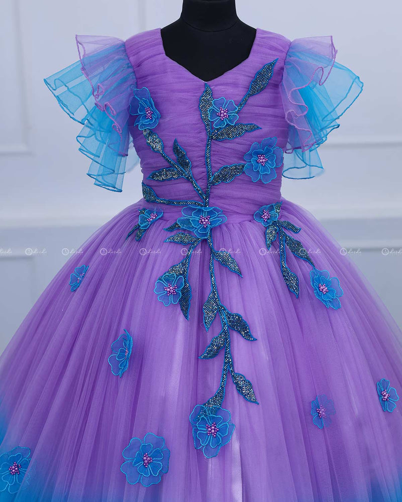 Sky Blue & Lavender Color Gradient Heavy Frill Gown with Handcrafted Embellishments & Layered Sleeves