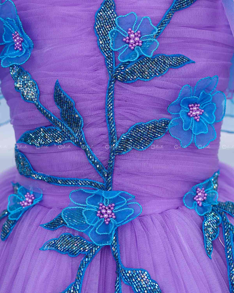 Sky Blue & Lavender Color Gradient Heavy Frill Gown with Handcrafted Embellishments & Layered Sleeves