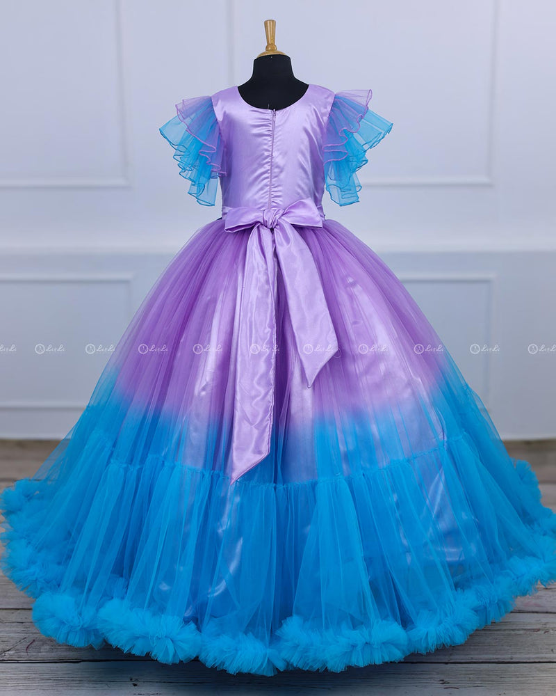 Sky Blue & Lavender Color Gradient Heavy Frill Gown with Handcrafted Embellishments & Layered Sleeves