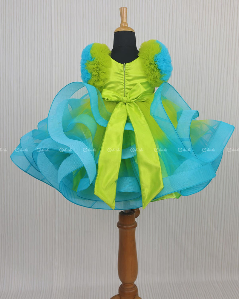 Lime Green & Turquoise Blue Double Shaded Frilled Sleeve Partywear Gown