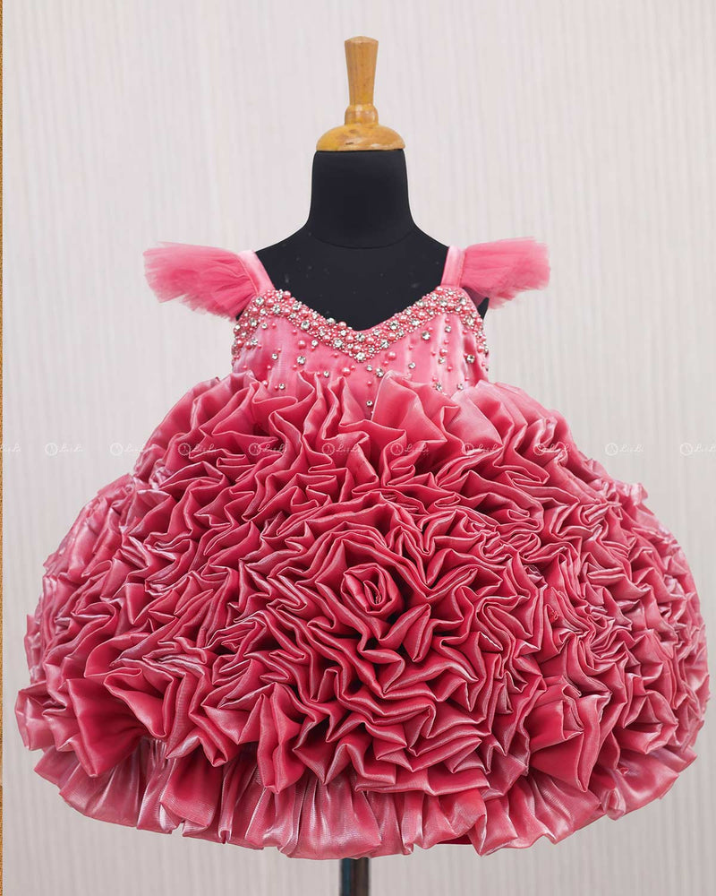 Salmon Pink Shade Rosette Dress Embellished with Pearls and Stones